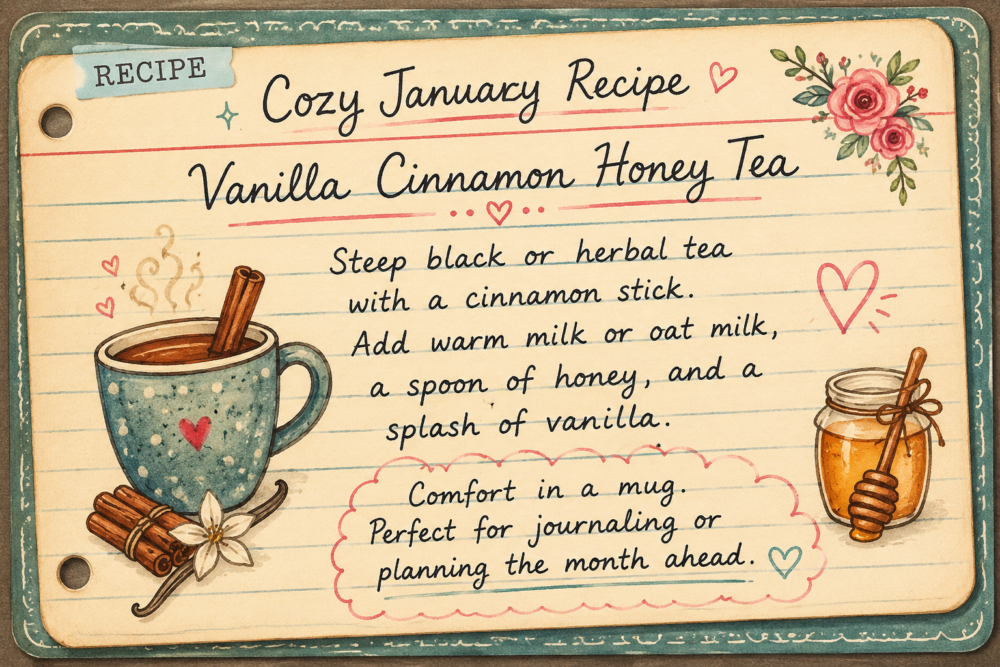 Cozy January Recipe
Vanilla Cinnamon Honey Tea
Steep black or herbal tea with a cinnamon stick. Add warm milk or oat milk, a spoon of honey, and a splash of vanilla. Comfort in a mug. Perfect for journaling or planning the month ahead.